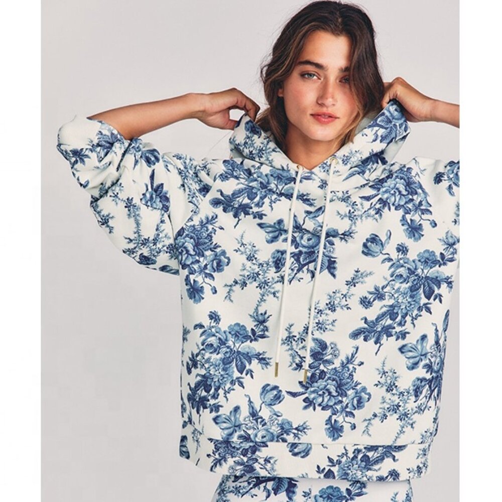 NWOT LoveShackFancy x Beach Riot Unisex Floral Sweatshirt Hoodie, Blue | XS